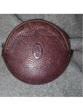 Vintage Cartier Round Leather Coin Purse Burgundy Bordeaux Authentic w/ COA